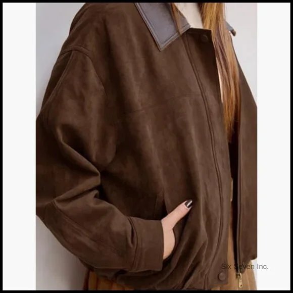 Faux Suede Bomber Jacket Oversized Cropped Zip Up Casual Outerwear - Picture 3 of 6